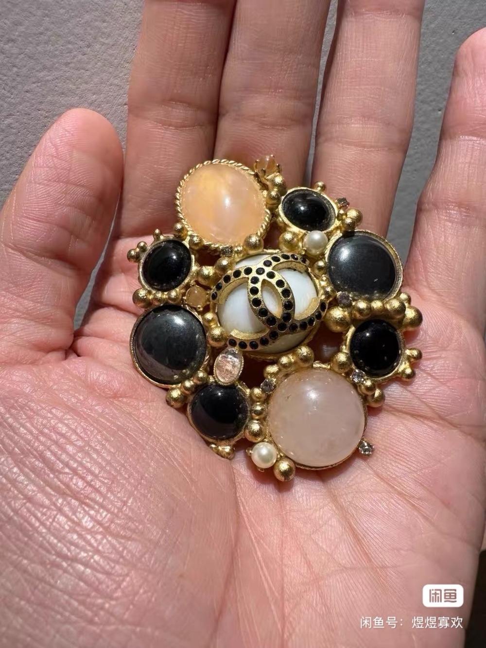 CHANEL Gold-Tone Multi-Stone Brooch with Pink, Black and White Accents